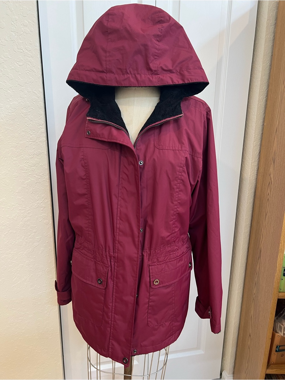 Reversible St. John's Bay Hooded Trench Coat in Deep Berry with Black faux fur.